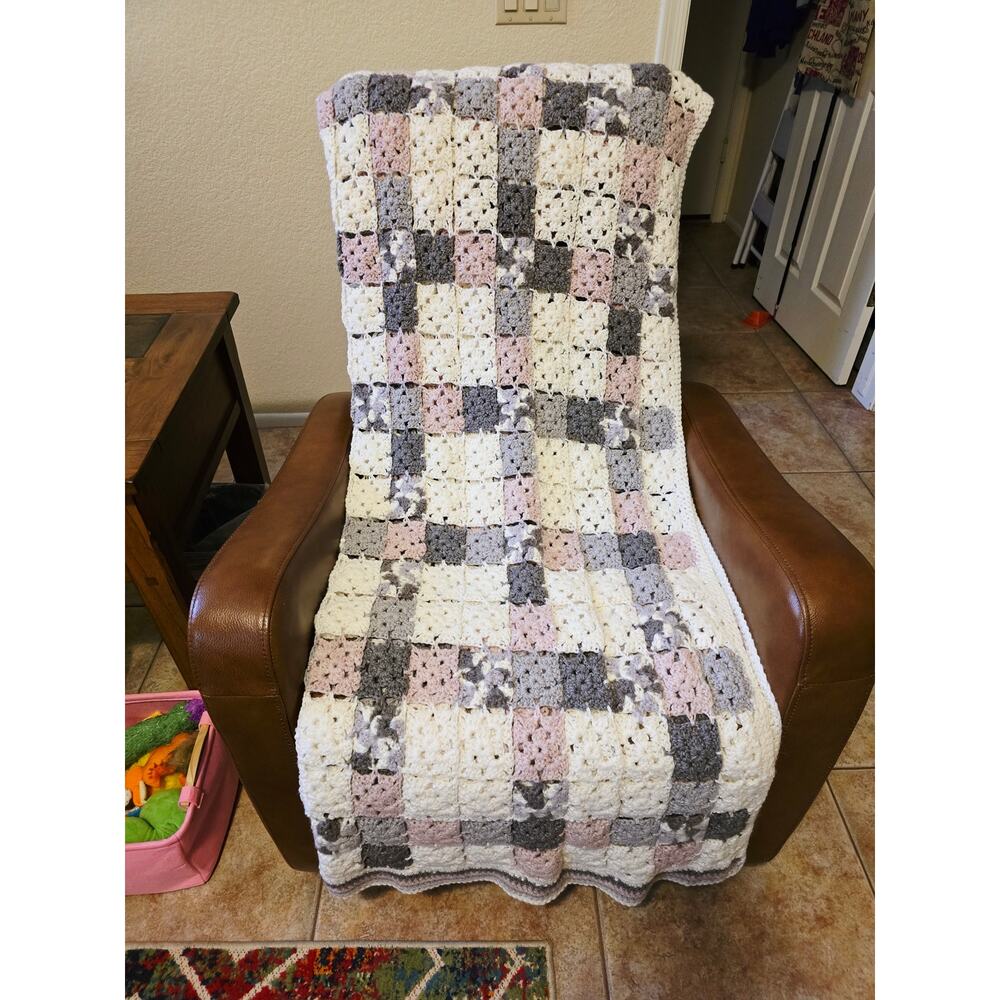 Handmade Crochet Purple Gray White Patches Stunning Warm L 80" W" 55" Blanket